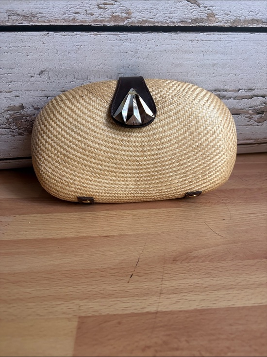 Adrienne Vittadini Handbags - Adrienne Vittadini Vintage Woven Clutch with Brown Leather Accent and Gem Detail